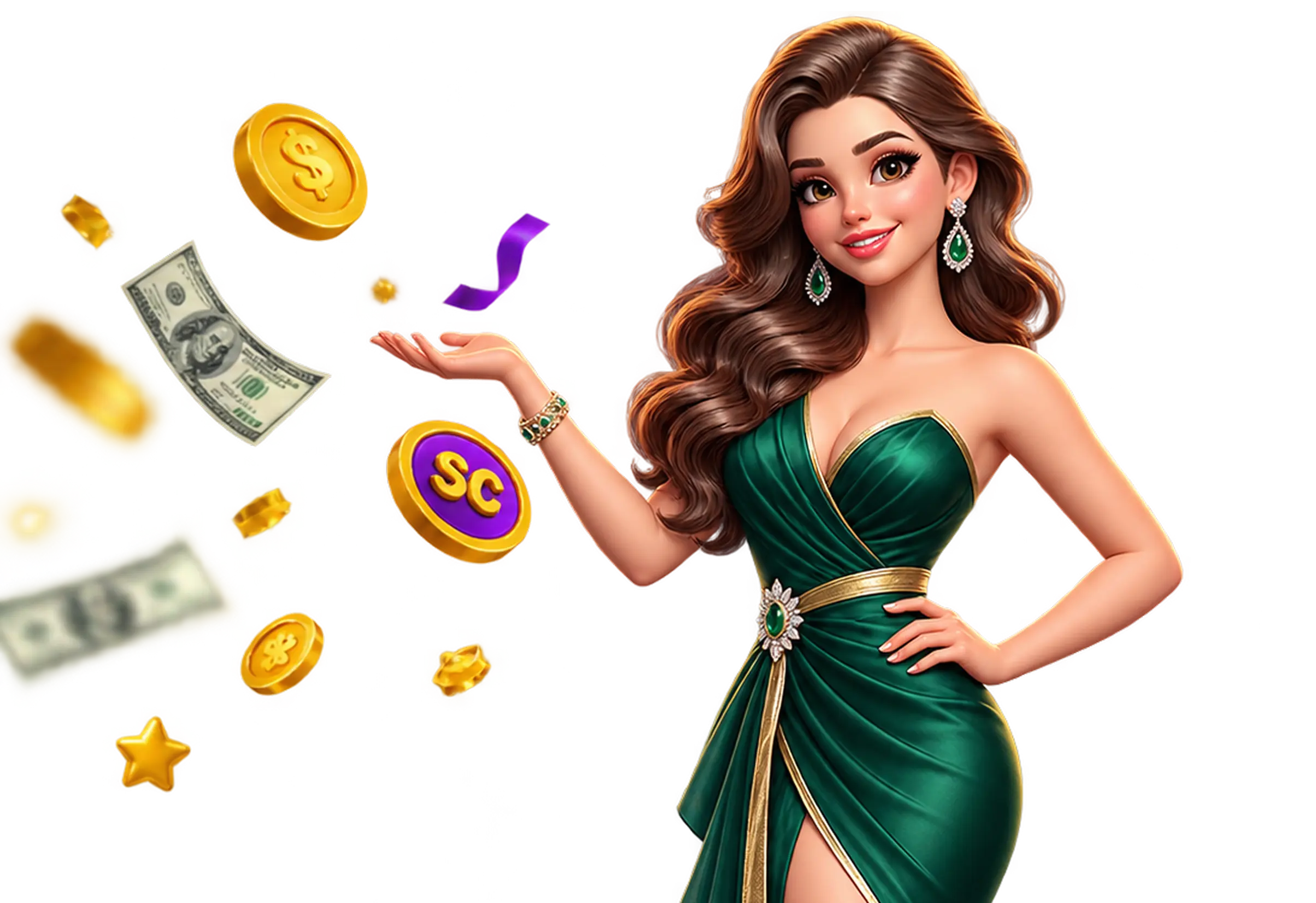 Spinzy host presenting a Sweeps Coin surrounded by cash and coins